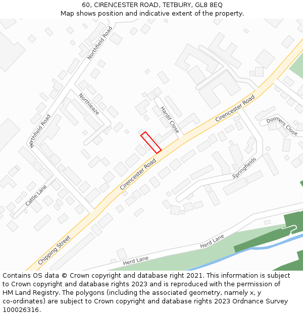 60, CIRENCESTER ROAD, TETBURY, GL8 8EQ: Location map and indicative extent of plot