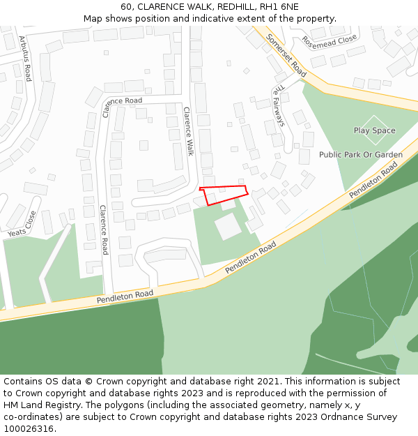 60, CLARENCE WALK, REDHILL, RH1 6NE: Location map and indicative extent of plot