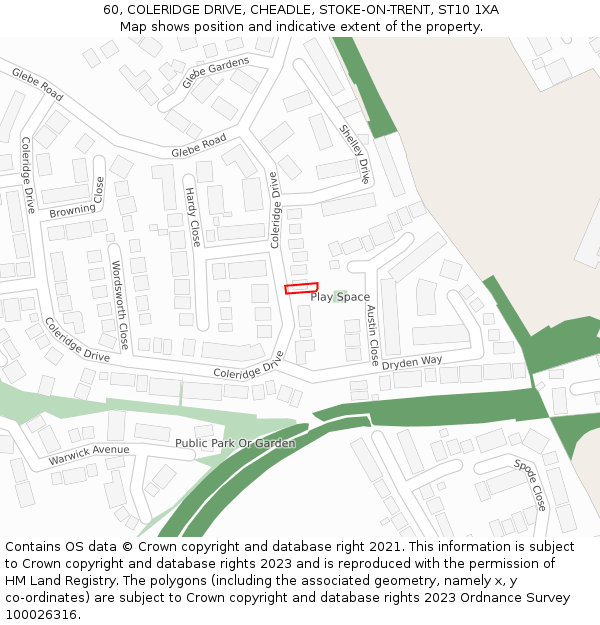 60, COLERIDGE DRIVE, CHEADLE, STOKE-ON-TRENT, ST10 1XA: Location map and indicative extent of plot