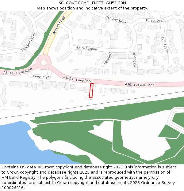 60, COVE ROAD, FLEET, GU51 2RN: Location map and indicative extent of plot