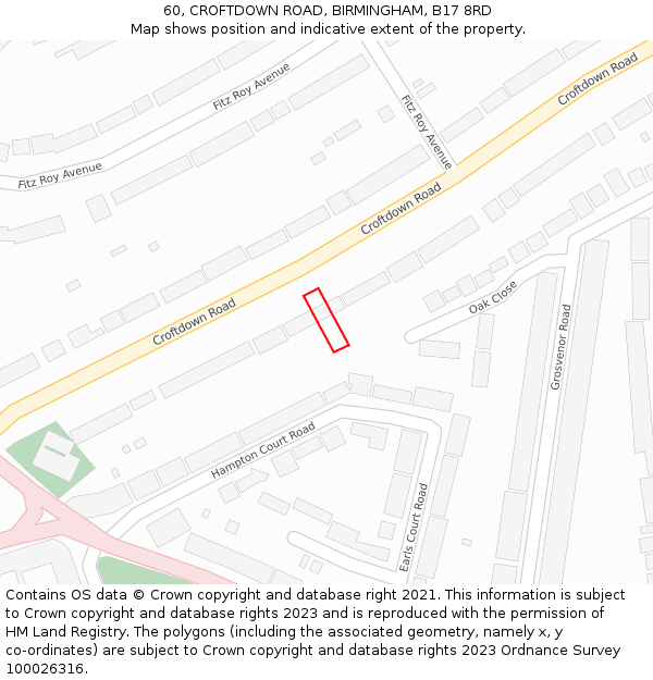 60, CROFTDOWN ROAD, BIRMINGHAM, B17 8RD: Location map and indicative extent of plot