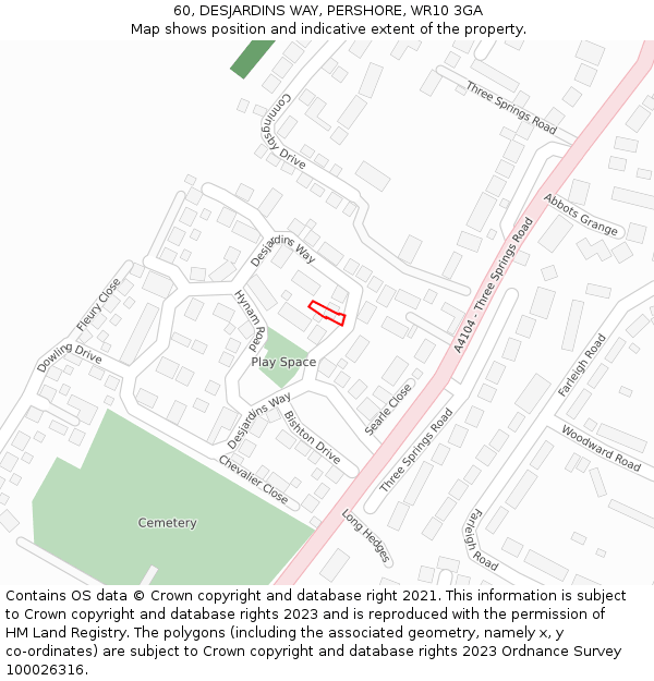 60, DESJARDINS WAY, PERSHORE, WR10 3GA: Location map and indicative extent of plot