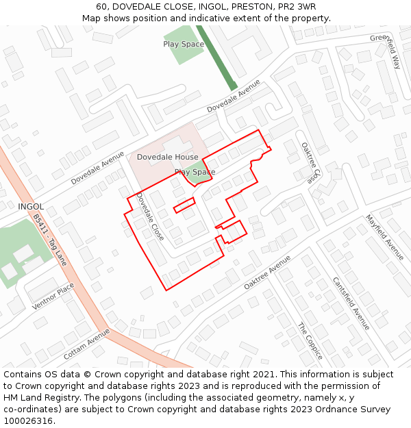 60, DOVEDALE CLOSE, INGOL, PRESTON, PR2 3WR: Location map and indicative extent of plot