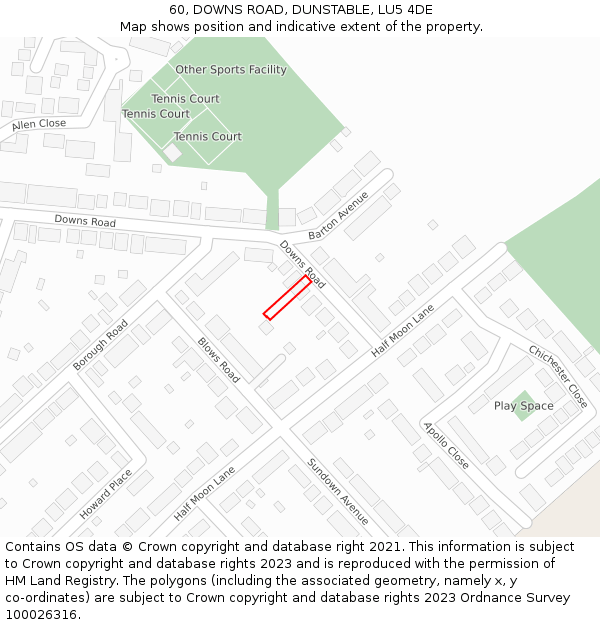 60, DOWNS ROAD, DUNSTABLE, LU5 4DE: Location map and indicative extent of plot