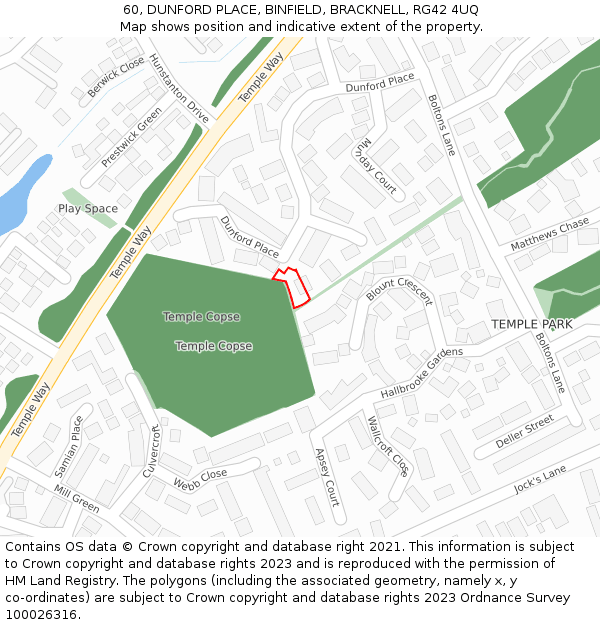 60, DUNFORD PLACE, BINFIELD, BRACKNELL, RG42 4UQ: Location map and indicative extent of plot