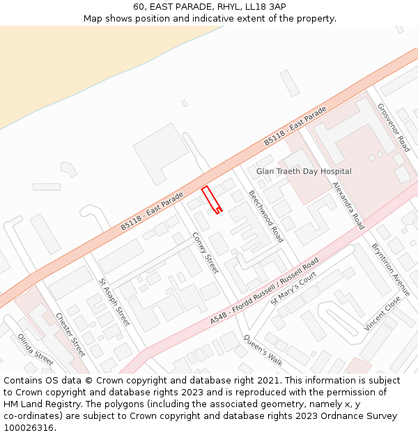 60, EAST PARADE, RHYL, LL18 3AP: Location map and indicative extent of plot