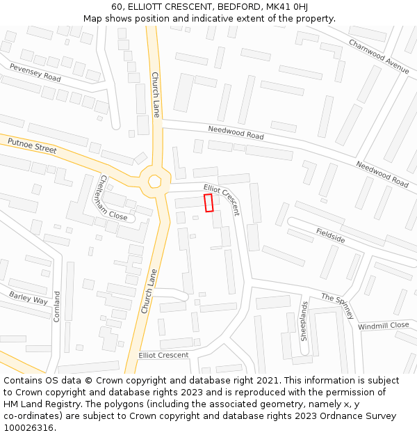 60, ELLIOTT CRESCENT, BEDFORD, MK41 0HJ: Location map and indicative extent of plot