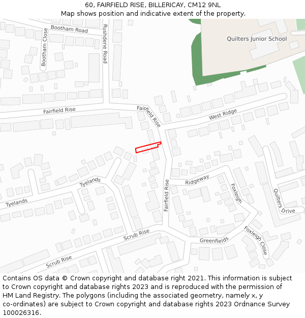 60, FAIRFIELD RISE, BILLERICAY, CM12 9NL: Location map and indicative extent of plot