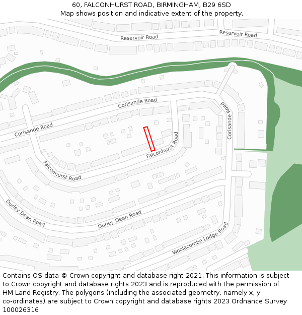 60, FALCONHURST ROAD, BIRMINGHAM, B29 6SD: Location map and indicative extent of plot