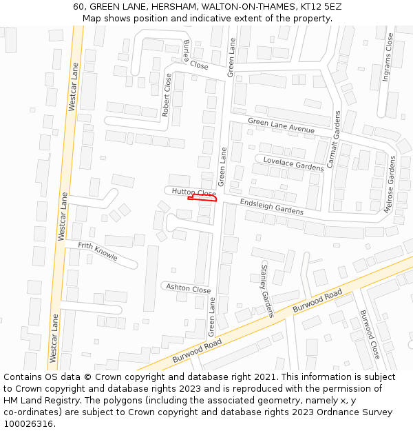 60, GREEN LANE, HERSHAM, WALTON-ON-THAMES, KT12 5EZ: Location map and indicative extent of plot