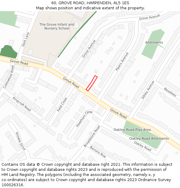 60, GROVE ROAD, HARPENDEN, AL5 1ES: Location map and indicative extent of plot
