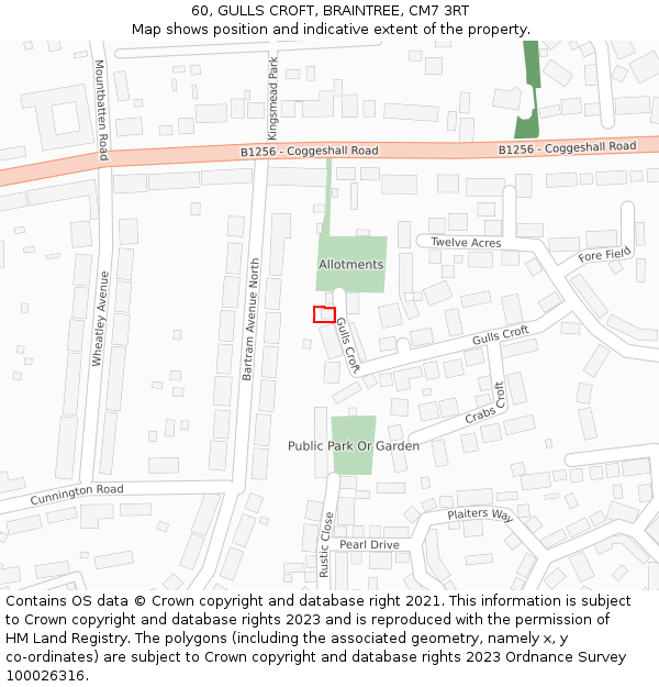 60, GULLS CROFT, BRAINTREE, CM7 3RT: Location map and indicative extent of plot