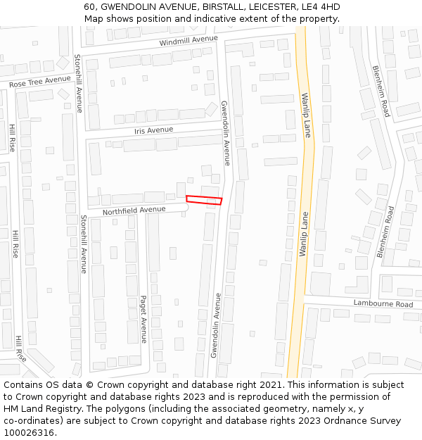 60, GWENDOLIN AVENUE, BIRSTALL, LEICESTER, LE4 4HD: Location map and indicative extent of plot