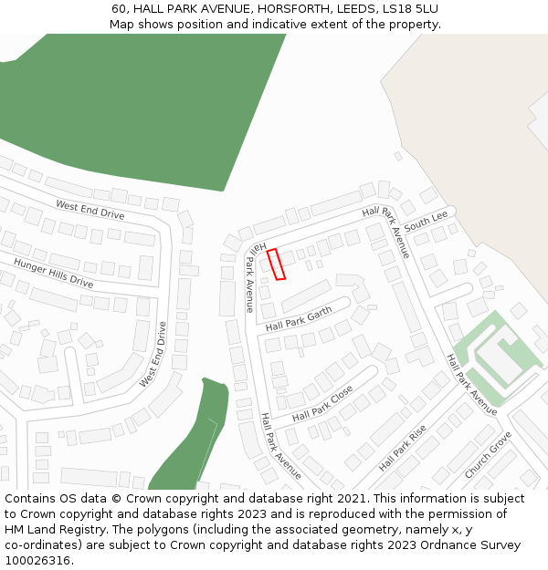 60, HALL PARK AVENUE, HORSFORTH, LEEDS, LS18 5LU: Location map and indicative extent of plot