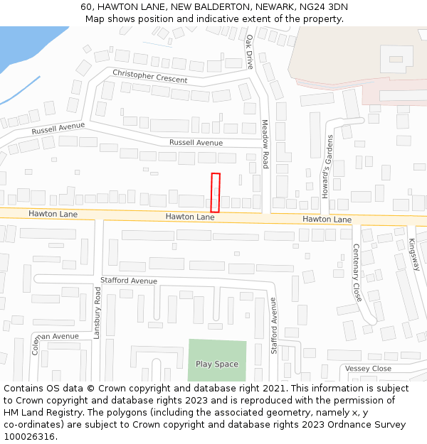 60, HAWTON LANE, NEW BALDERTON, NEWARK, NG24 3DN: Location map and indicative extent of plot