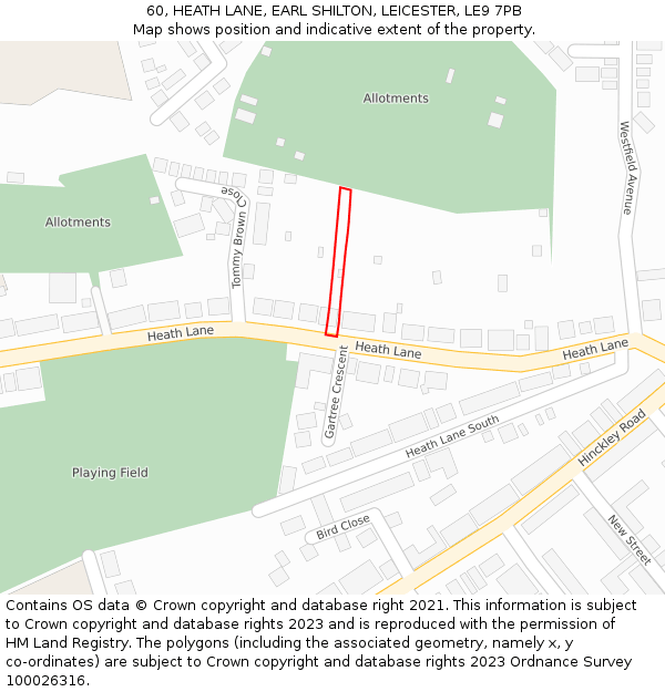 60, HEATH LANE, EARL SHILTON, LEICESTER, LE9 7PB: Location map and indicative extent of plot