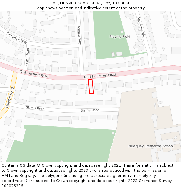 60, HENVER ROAD, NEWQUAY, TR7 3BN: Location map and indicative extent of plot