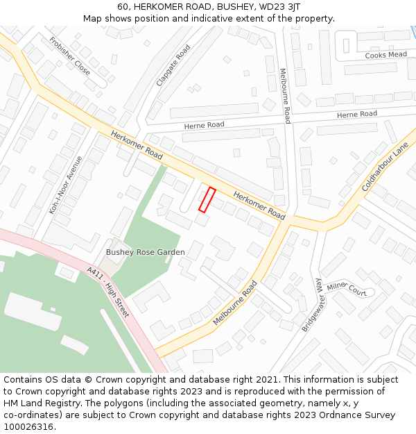 60, HERKOMER ROAD, BUSHEY, WD23 3JT: Location map and indicative extent of plot