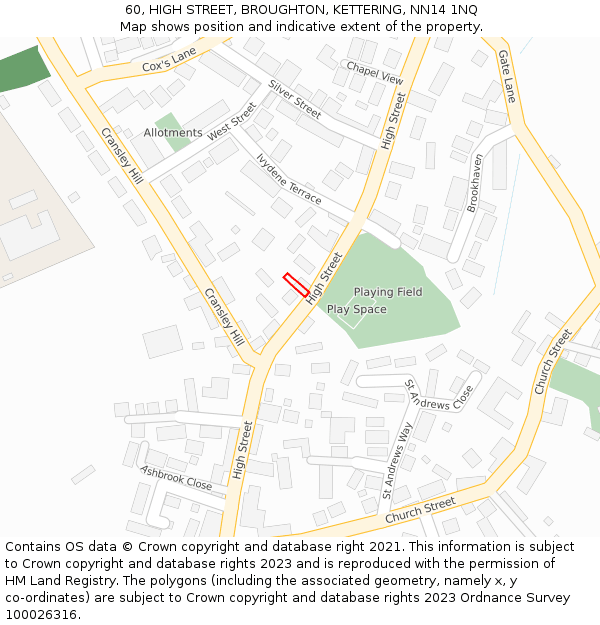 60, HIGH STREET, BROUGHTON, KETTERING, NN14 1NQ: Location map and indicative extent of plot