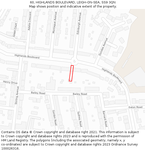 60, HIGHLANDS BOULEVARD, LEIGH-ON-SEA, SS9 3QN: Location map and indicative extent of plot