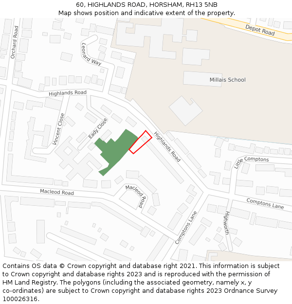 60, HIGHLANDS ROAD, HORSHAM, RH13 5NB: Location map and indicative extent of plot