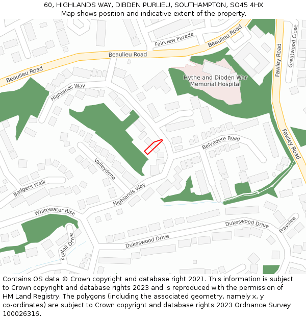 60, HIGHLANDS WAY, DIBDEN PURLIEU, SOUTHAMPTON, SO45 4HX: Location map and indicative extent of plot