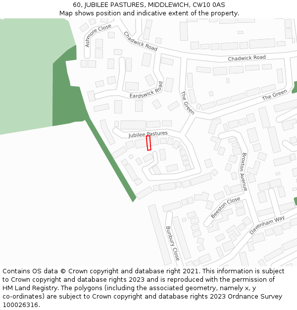 60, JUBILEE PASTURES, MIDDLEWICH, CW10 0AS: Location map and indicative extent of plot