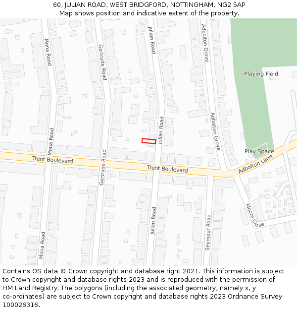 60, JULIAN ROAD, WEST BRIDGFORD, NOTTINGHAM, NG2 5AP: Location map and indicative extent of plot