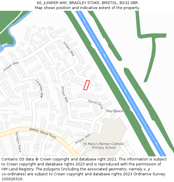 60, JUNIPER WAY, BRADLEY STOKE, BRISTOL, BS32 0BR: Location map and indicative extent of plot