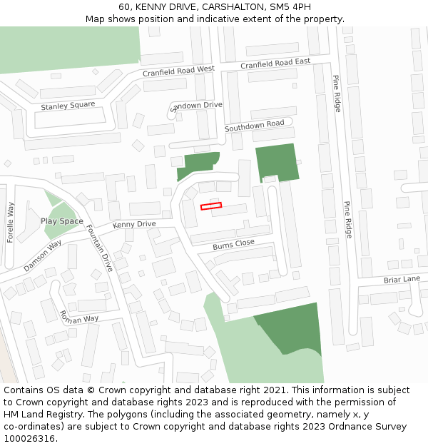60, KENNY DRIVE, CARSHALTON, SM5 4PH: Location map and indicative extent of plot
