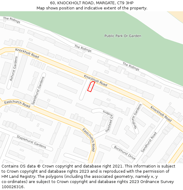 60, KNOCKHOLT ROAD, MARGATE, CT9 3HP: Location map and indicative extent of plot