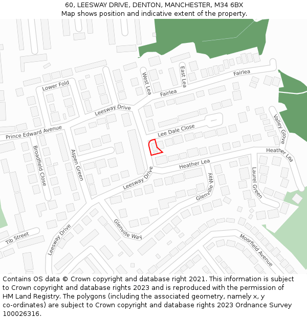 60, LEESWAY DRIVE, DENTON, MANCHESTER, M34 6BX: Location map and indicative extent of plot