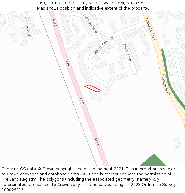 60, LEGRICE CRESCENT, NORTH WALSHAM, NR28 9AF: Location map and indicative extent of plot