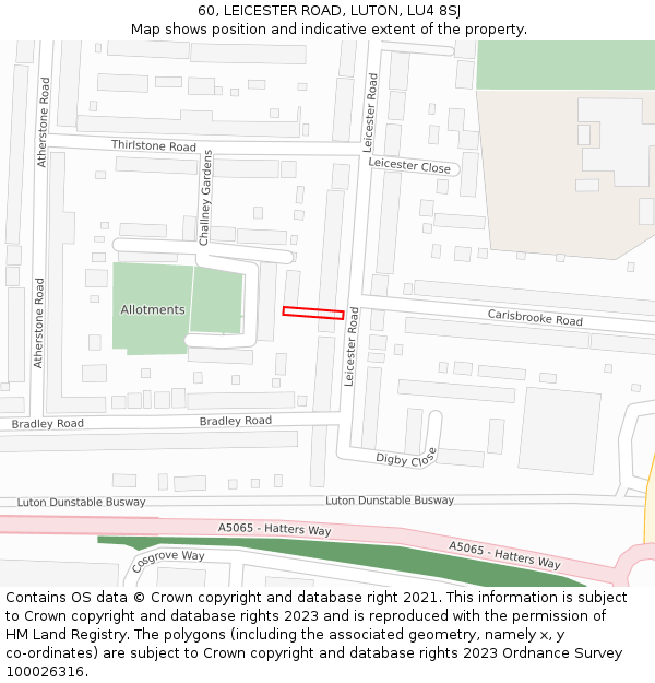 60, LEICESTER ROAD, LUTON, LU4 8SJ: Location map and indicative extent of plot