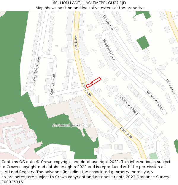 60, LION LANE, HASLEMERE, GU27 1JD: Location map and indicative extent of plot