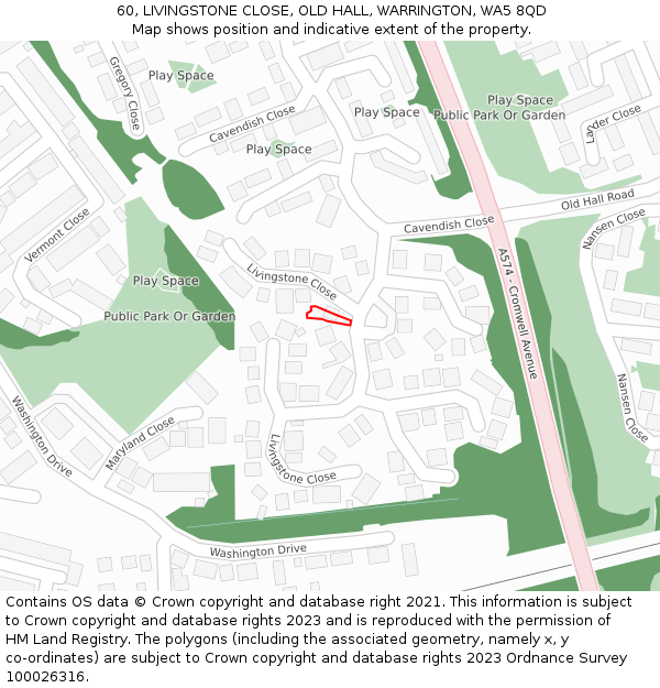 60, LIVINGSTONE CLOSE, OLD HALL, WARRINGTON, WA5 8QD: Location map and indicative extent of plot