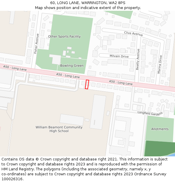 60, LONG LANE, WARRINGTON, WA2 8PS: Location map and indicative extent of plot