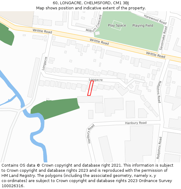 60, LONGACRE, CHELMSFORD, CM1 3BJ: Location map and indicative extent of plot