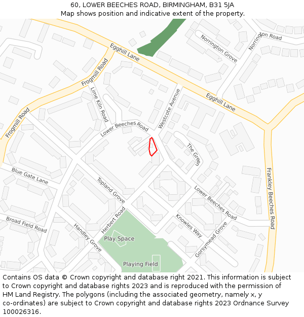 60, LOWER BEECHES ROAD, BIRMINGHAM, B31 5JA: Location map and indicative extent of plot