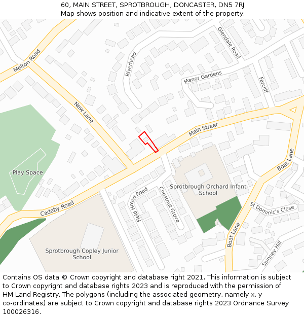 60, MAIN STREET, SPROTBROUGH, DONCASTER, DN5 7RJ: Location map and indicative extent of plot