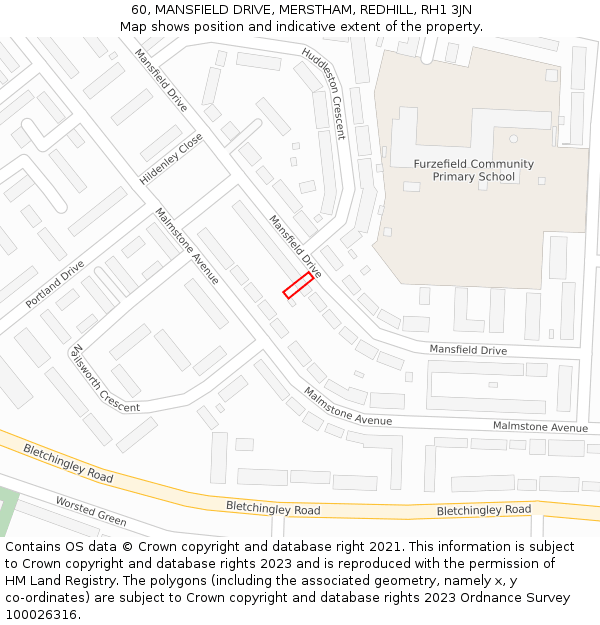 60, MANSFIELD DRIVE, MERSTHAM, REDHILL, RH1 3JN: Location map and indicative extent of plot