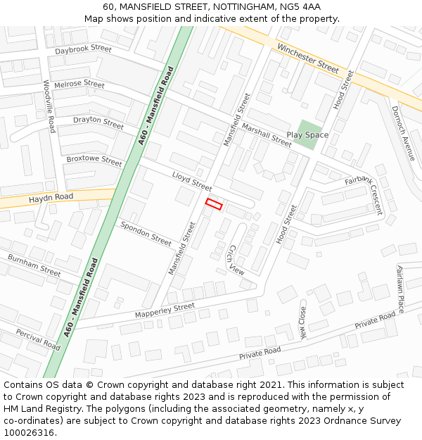 60, MANSFIELD STREET, NOTTINGHAM, NG5 4AA: Location map and indicative extent of plot