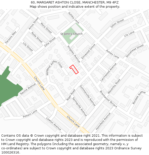 60, MARGARET ASHTON CLOSE, MANCHESTER, M9 4PZ: Location map and indicative extent of plot