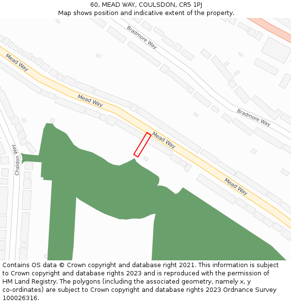 60, MEAD WAY, COULSDON, CR5 1PJ: Location map and indicative extent of plot