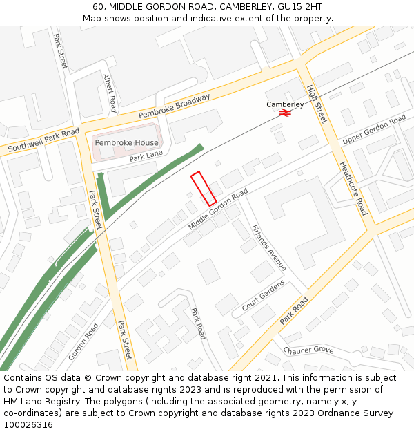 60, MIDDLE GORDON ROAD, CAMBERLEY, GU15 2HT: Location map and indicative extent of plot
