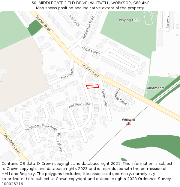 60, MIDDLEGATE FIELD DRIVE, WHITWELL, WORKSOP, S80 4NF: Location map and indicative extent of plot