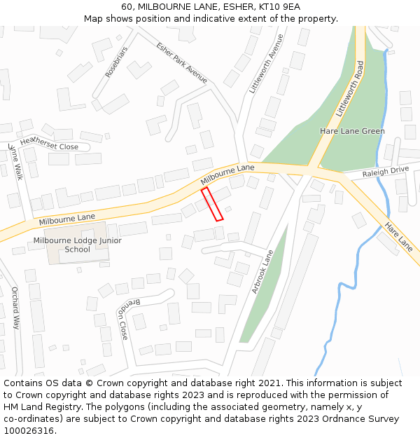 60, MILBOURNE LANE, ESHER, KT10 9EA: Location map and indicative extent of plot