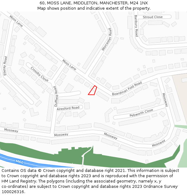 60, MOSS LANE, MIDDLETON, MANCHESTER, M24 1NX: Location map and indicative extent of plot