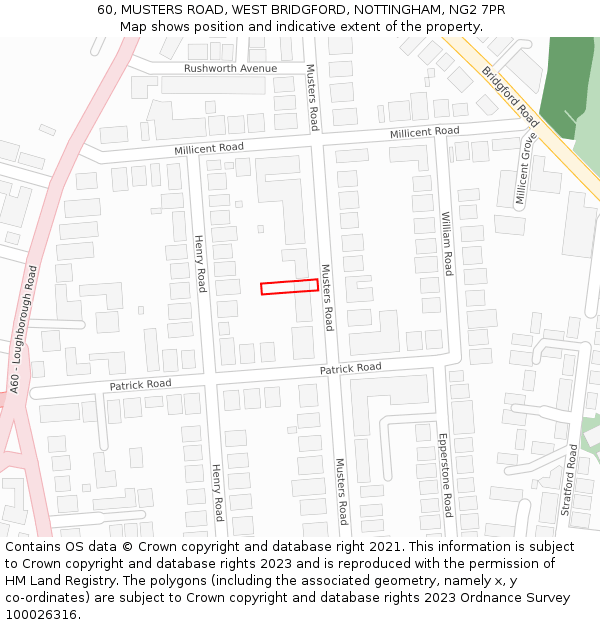 60, MUSTERS ROAD, WEST BRIDGFORD, NOTTINGHAM, NG2 7PR: Location map and indicative extent of plot