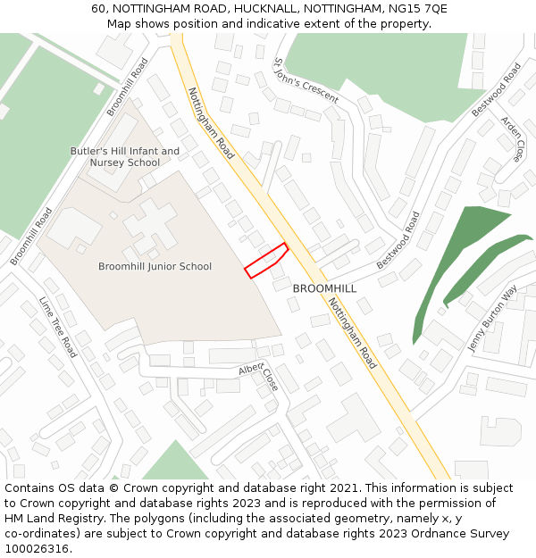 60, NOTTINGHAM ROAD, HUCKNALL, NOTTINGHAM, NG15 7QE: Location map and indicative extent of plot